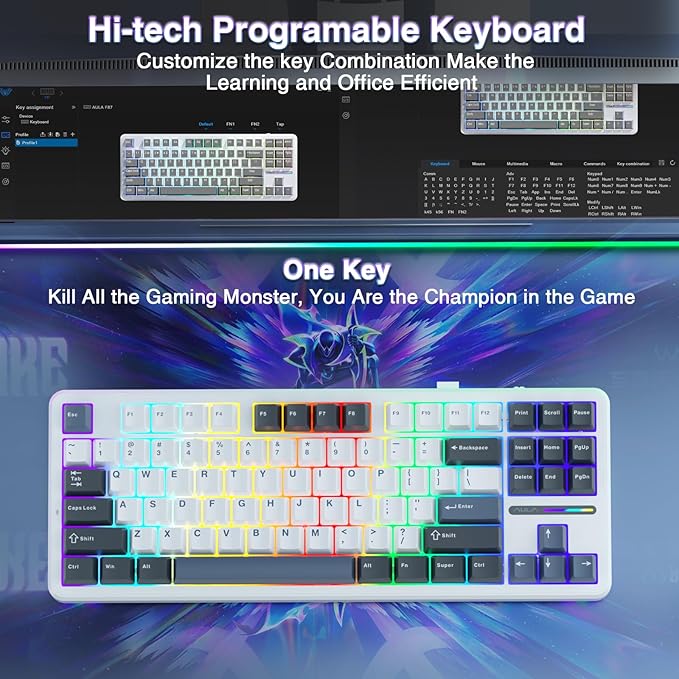 AULA F87 87 Keys Compact TKL Gasket Hot-Swappable Type-C Wired/Wireless Gaming Mechanical Keyboard LEOBOG Grey Wood V3 - Glacier Blue