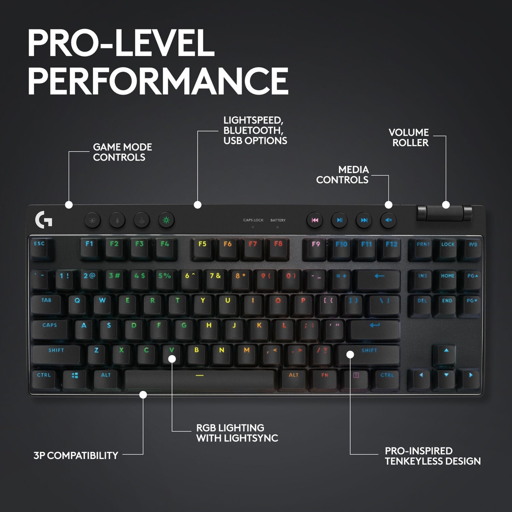 Logitech G PRO X TKL LIGHTSPEED Wireless Gaming Keyboard, Ultra-Portable Tenkeyless Design, Lightsync RGB Backlit, PBT Keycaps, Tactile Switches (GX Brown), BT/USB, US INTL Layout, Black | ‎920-012136