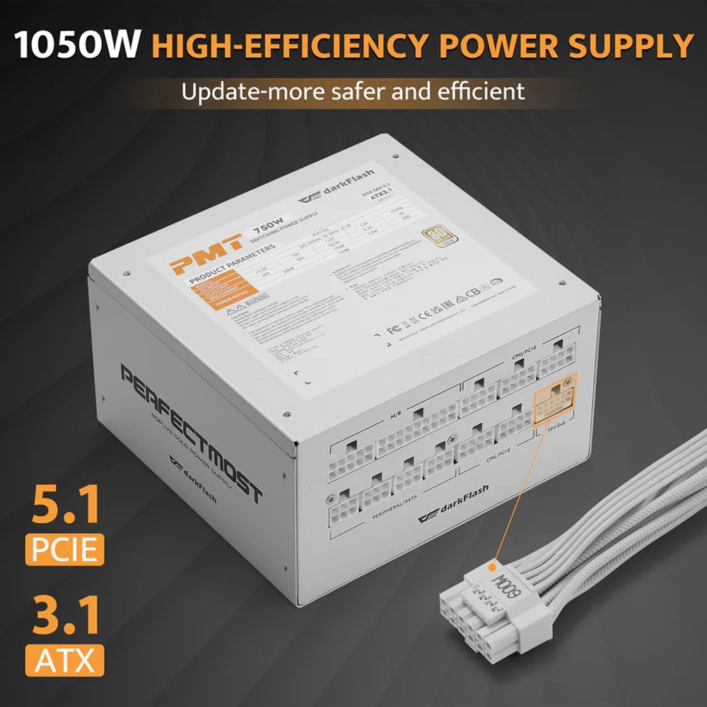 DarkFlash PMT1050 80 Plus Gold Fully Modular 1050W ATX 3.1 & PCIe 5.1 Power Supply - White