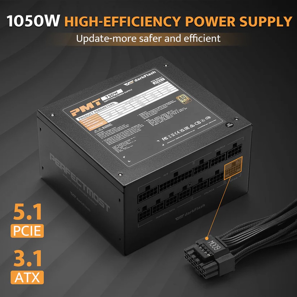DarkFlash PMT1050 80 Plus Gold Fully Modular 1050W ATX 3.1 & PCIe 5.1 Power Supply - White
