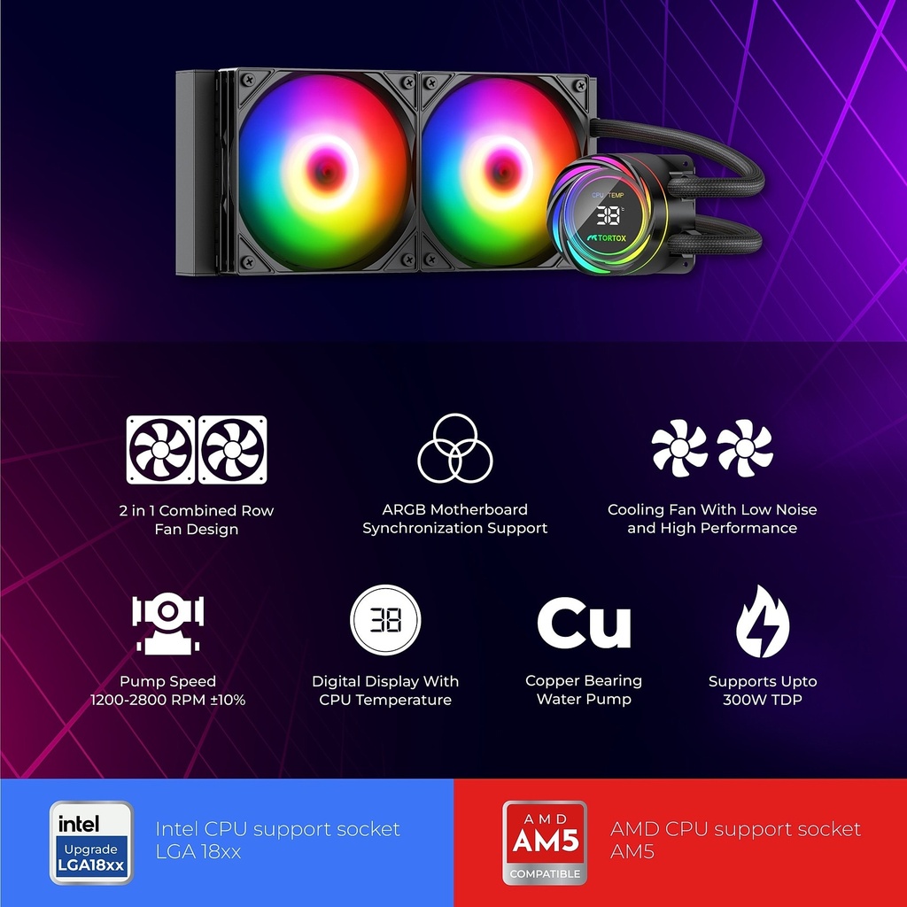 Tortox Nivora Vibe 240 ARGB Liquid CPU Cooler - Black