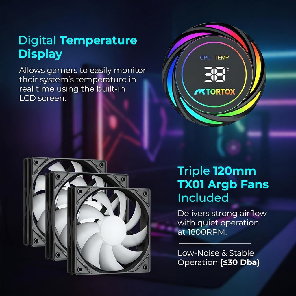Tortox Nivora Vibe 360 ARGB Liquid CPU Cooler, Triple 120mm PWM Fans, Compatible with Intel LGA18xx/1700/1200/115x & AMD AM5/AM4 - Black
