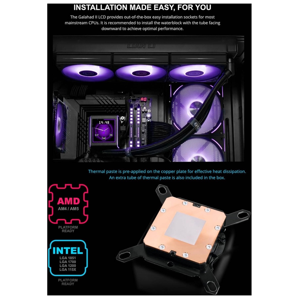 LIAN LI GALAHAD II LCD 280mm Liquid CPU Cooler with TL 140 Wireless Fans - Black