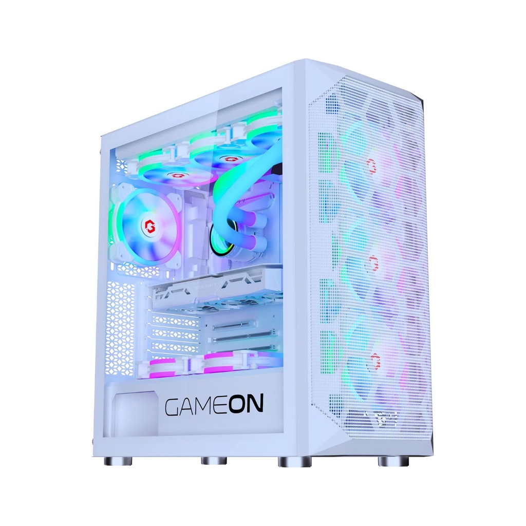 GameOn Emperor Arctic I Series Mid Tower Tempered Glass Side Panel Case with 7 ARGB Fans - White