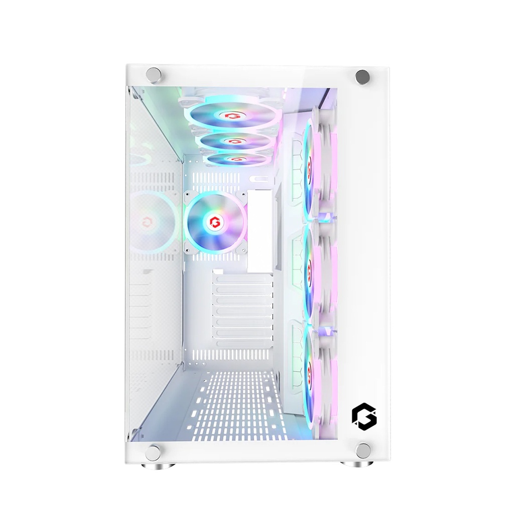 GameOn Emperor Arctic II Series Mid Tower Two Panel Front & Left Side Tempered Glass Case with 7 ARGB Fans - White