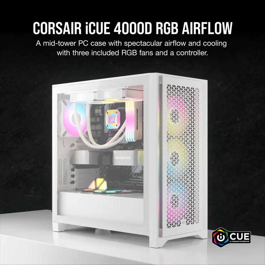 Corsair 4000D Airflow Mid Tower Steel Plastic Side Tempered Glass Panel Case with 3 RGB Fan - White