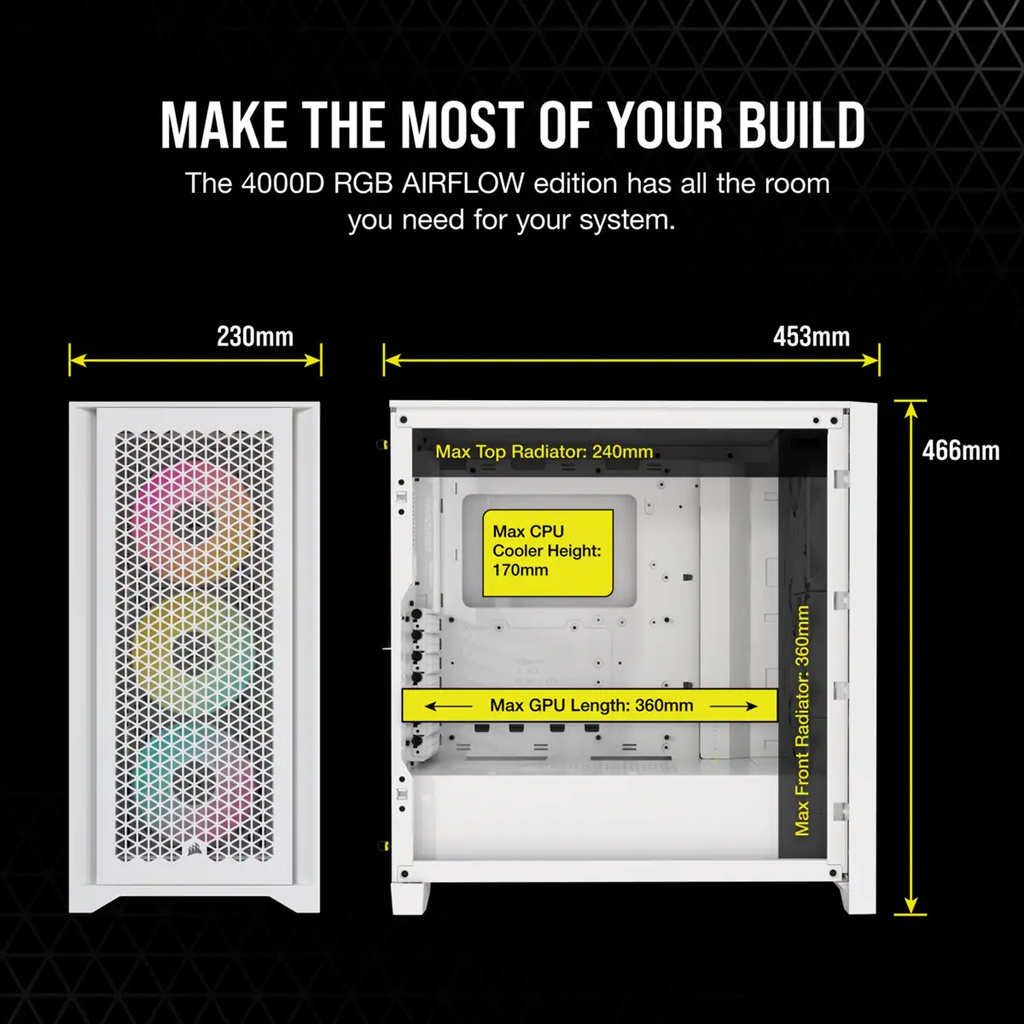 Corsair 4000D Airflow Mid Tower Steel Plastic Side Tempered Glass Panel Case with 3 RGB Fan - White