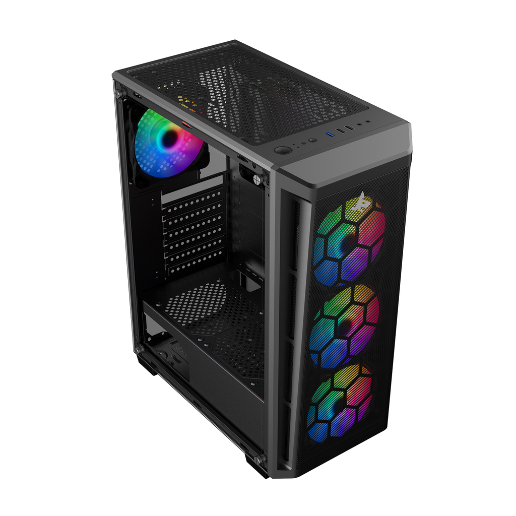 Sharx Razorfin ATX Mid Tower Left Side Tempered Glass Panel Case With 4 RGB Fans - Black