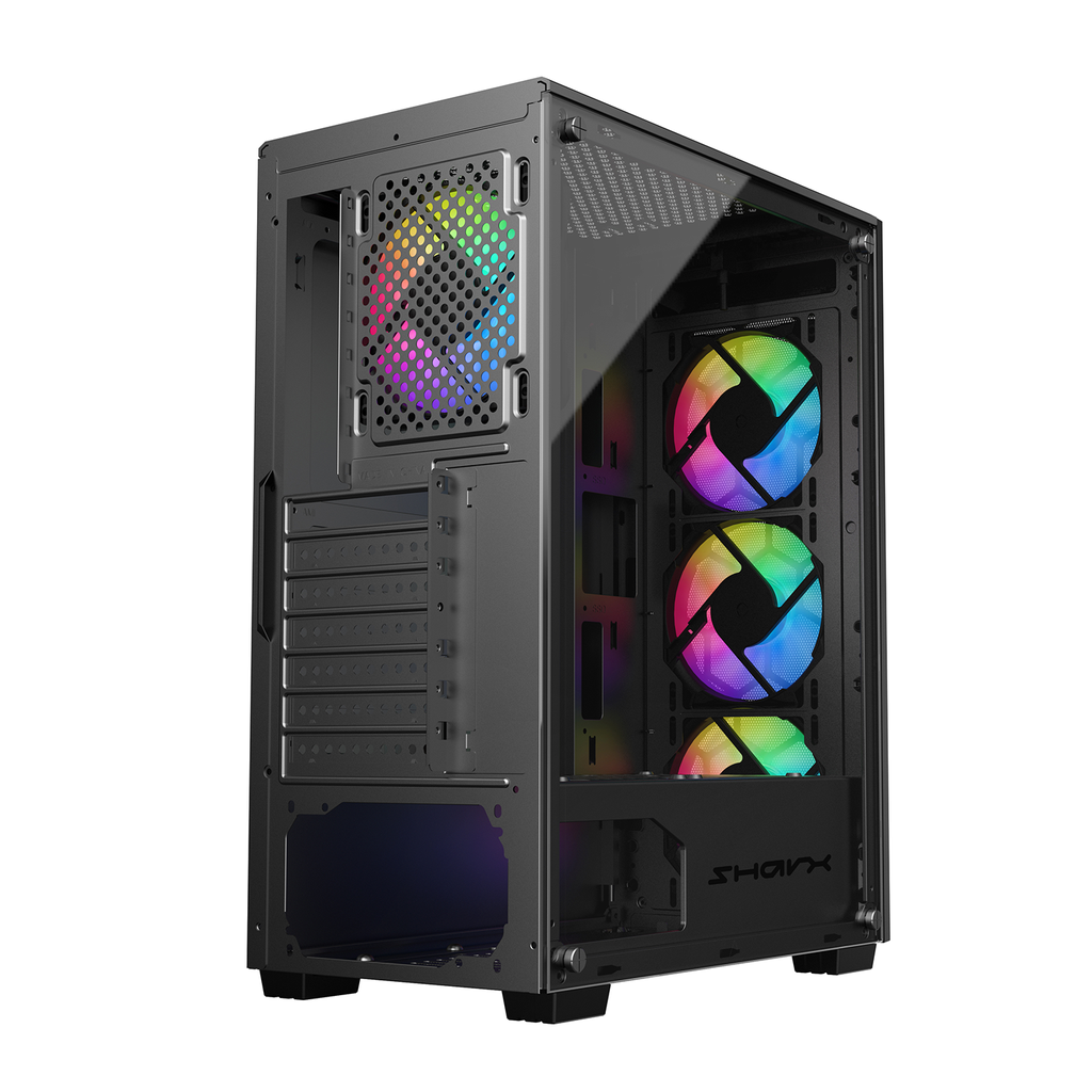 Sharx Razorfin ATX Mid Tower Left Side Tempered Glass Panel Case With 4 RGB Fans - Black