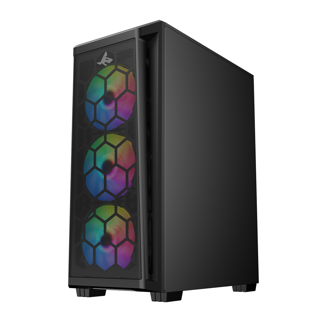 Sharx Razorfin ATX Mid Tower Left Side Tempered Glass Panel Case With 4 RGB Fans - Black