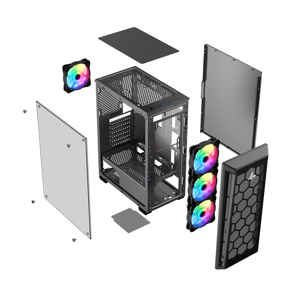 Sharx Razorfin ATX Mid Tower Left Side Tempered Glass Panel Case With 4 RGB Fans - Black