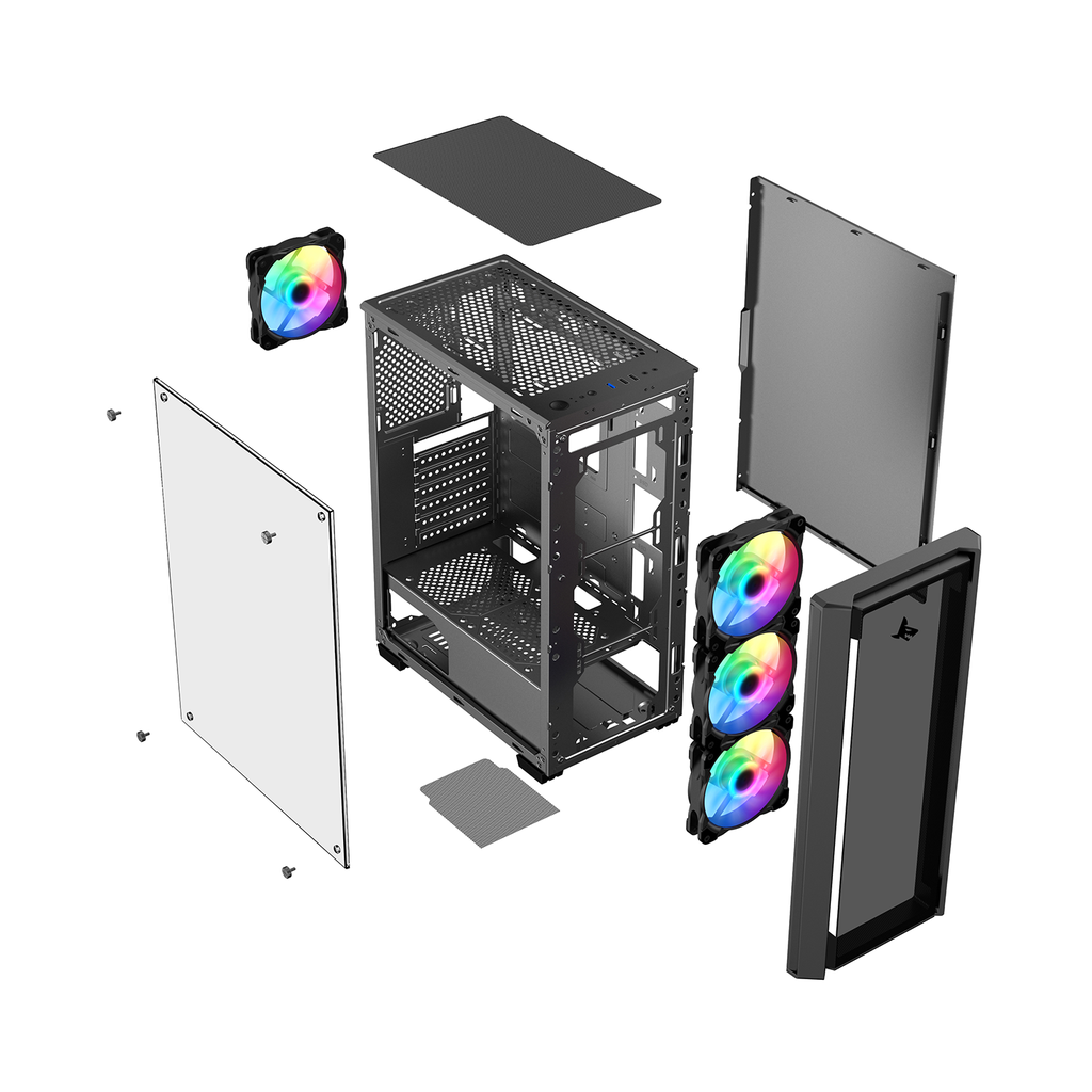 Sharx Striker Mid Tower Two Panel Front & Left Side Tempered Glass Case with 4 RGB Fans - Black