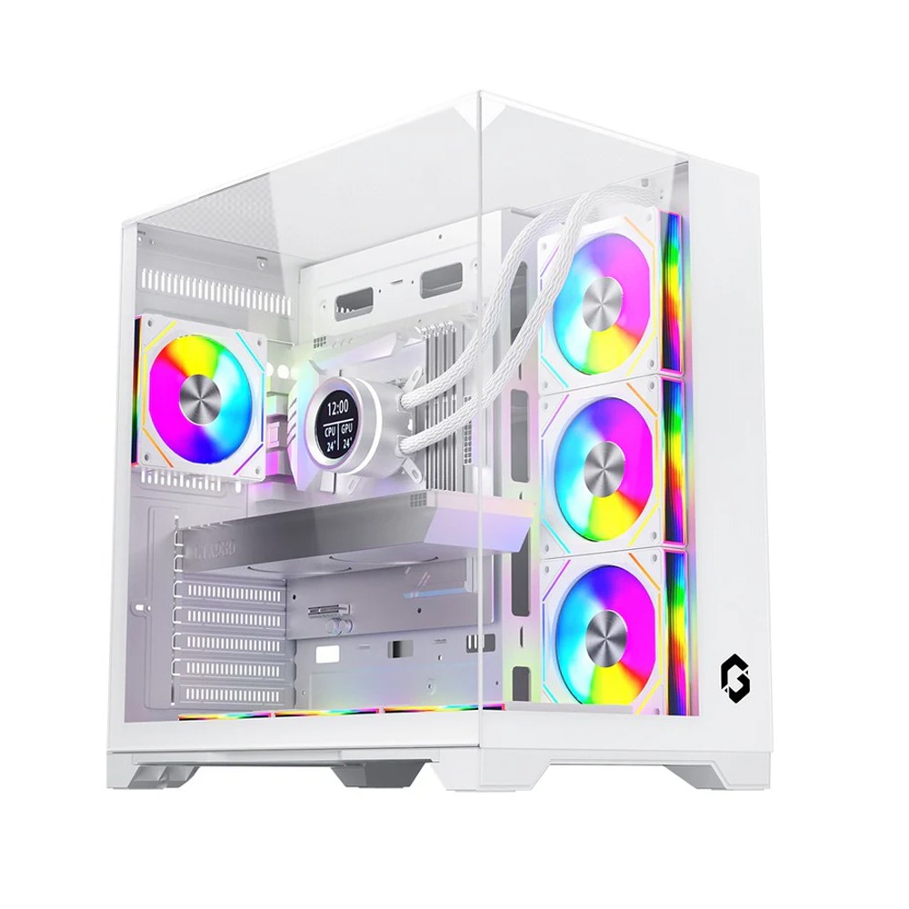 GameOn Valkyrie I Series Mid Tower Three Panel Front,Top & Left Side Tempered Glass Case With 7 RGB Fans - White