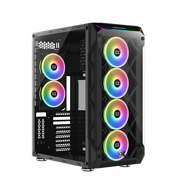 Xigmatek Overtake 3 Side Tempered Glass Panel Case with 6 Rainbow RGB Fans - Black