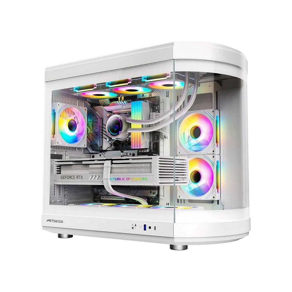 Tortox Vidrio Curved Glass Gaming PC Case, With 6*ARGB PWM Fans - White