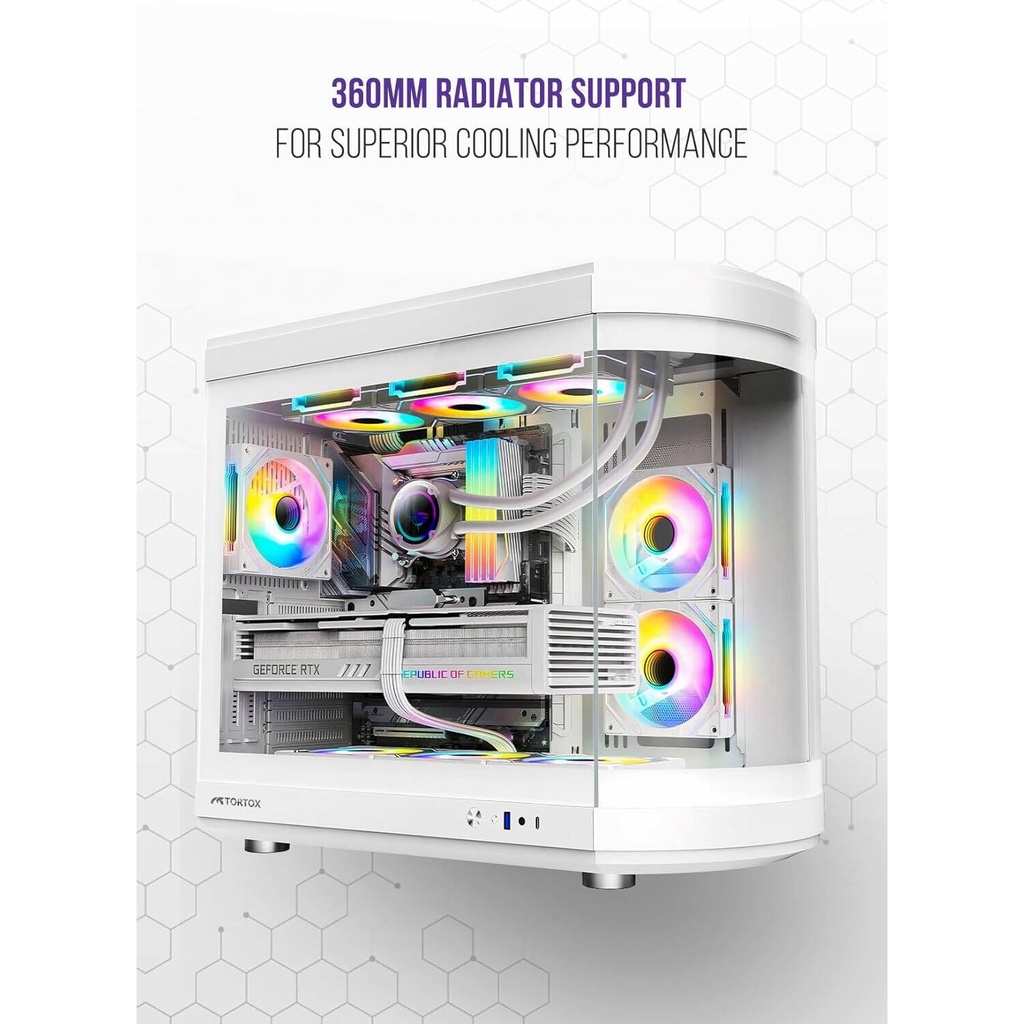 Tortox Vidrio Curved Glass Gaming PC Case, With 6*ARGB PWM Fans - White