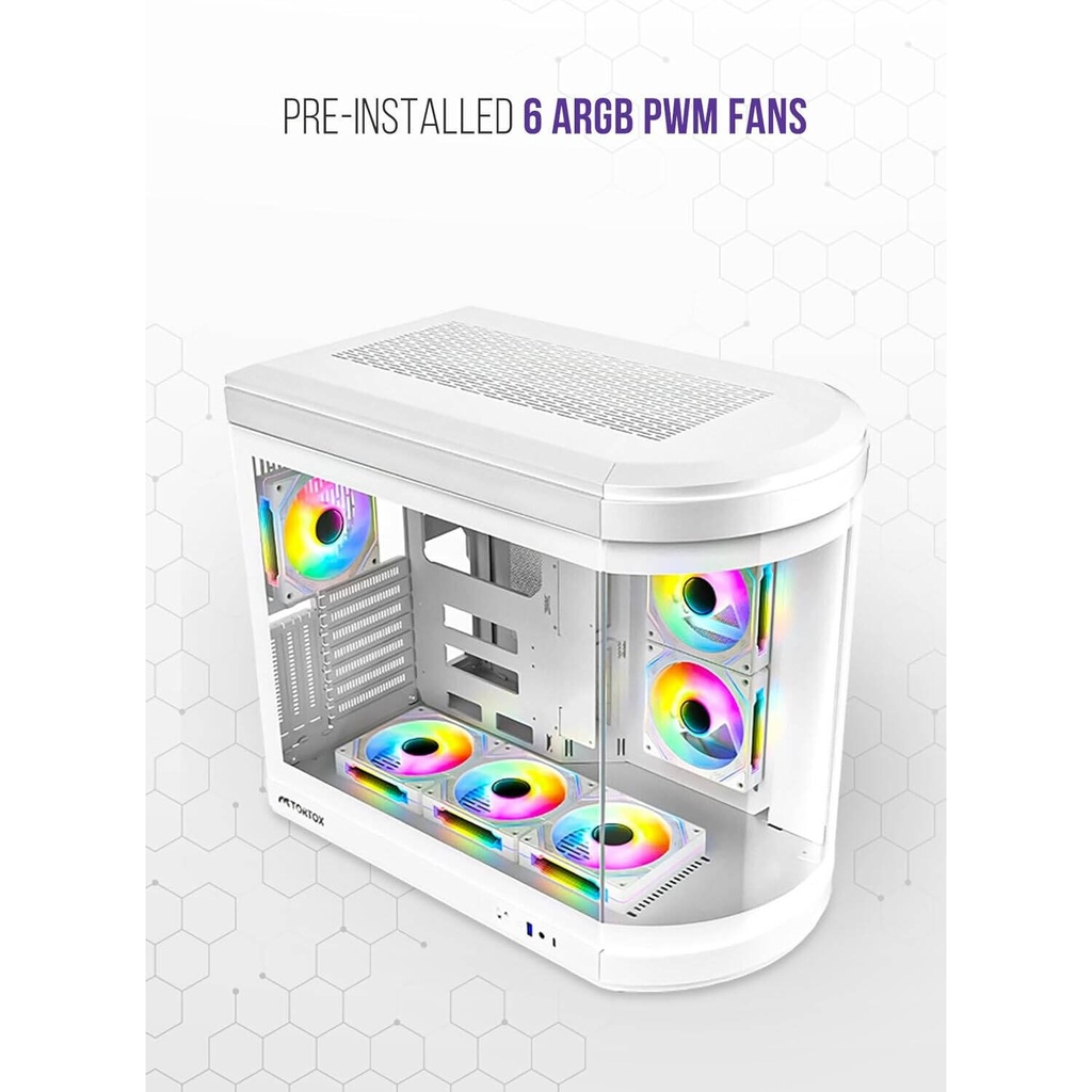 Tortox Vidrio Curved Glass Gaming PC Case, With 6*ARGB PWM Fans - White