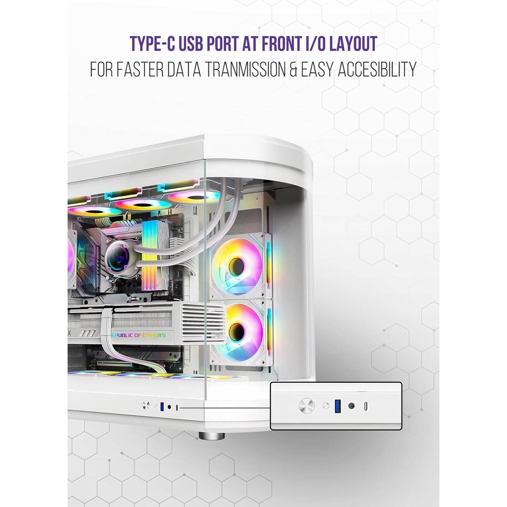 Tortox Vidrio Curved Glass Gaming PC Case, With 6*ARGB PWM Fans - White
