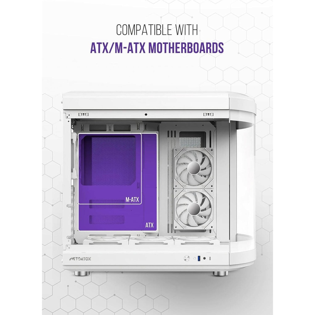 Tortox Vidrio Curved Glass Gaming PC Case, With 6*ARGB PWM Fans - White