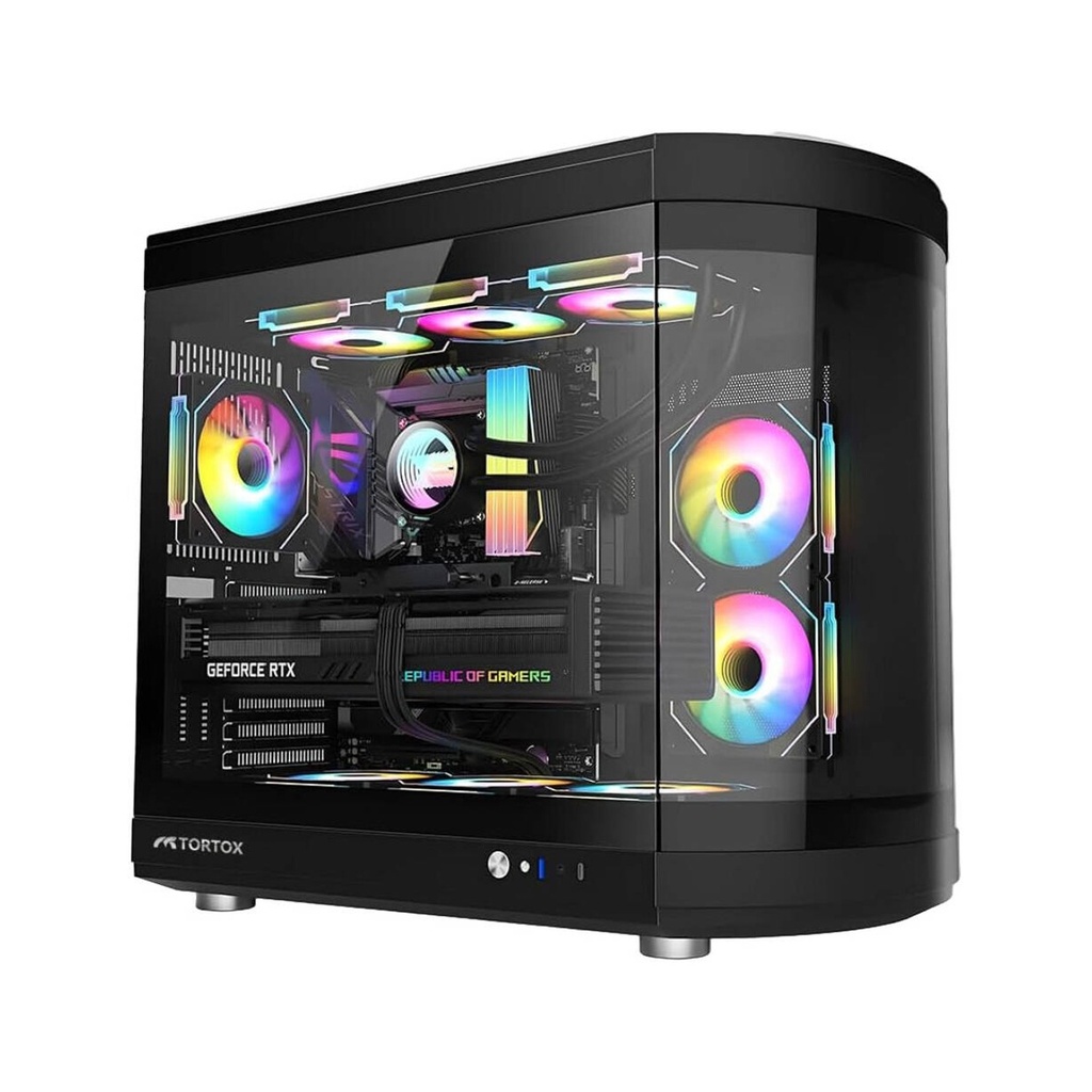 Tortox Vidrio Curved Glass Gaming PC Case, With 6*ARGB PWM Fans - Black