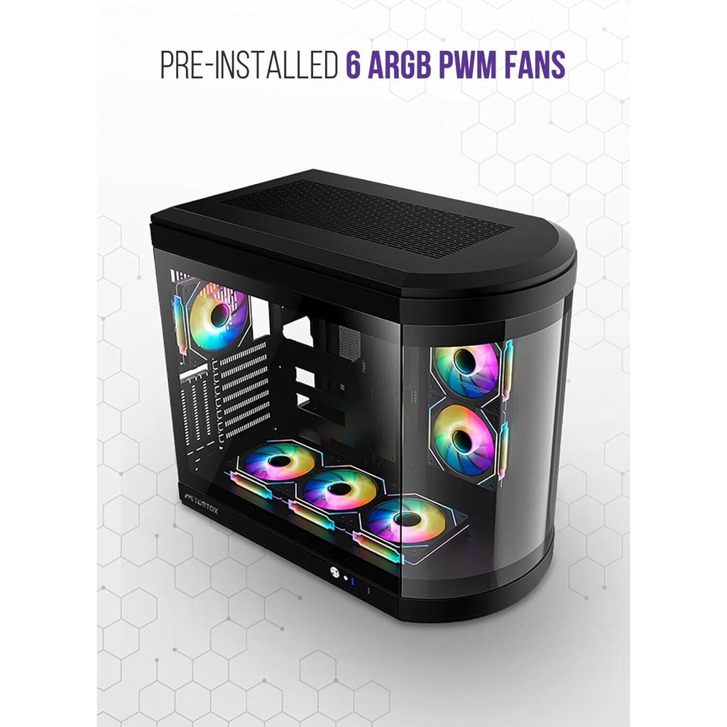 Tortox Vidrio Curved Glass Gaming PC Case, With 6*ARGB PWM Fans - Black