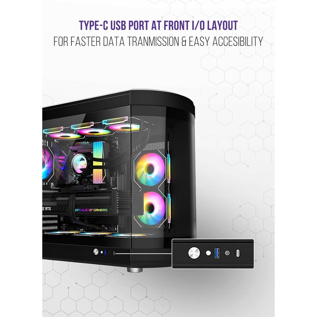 Tortox Vidrio Curved Glass Gaming PC Case, With 6*ARGB PWM Fans - Black