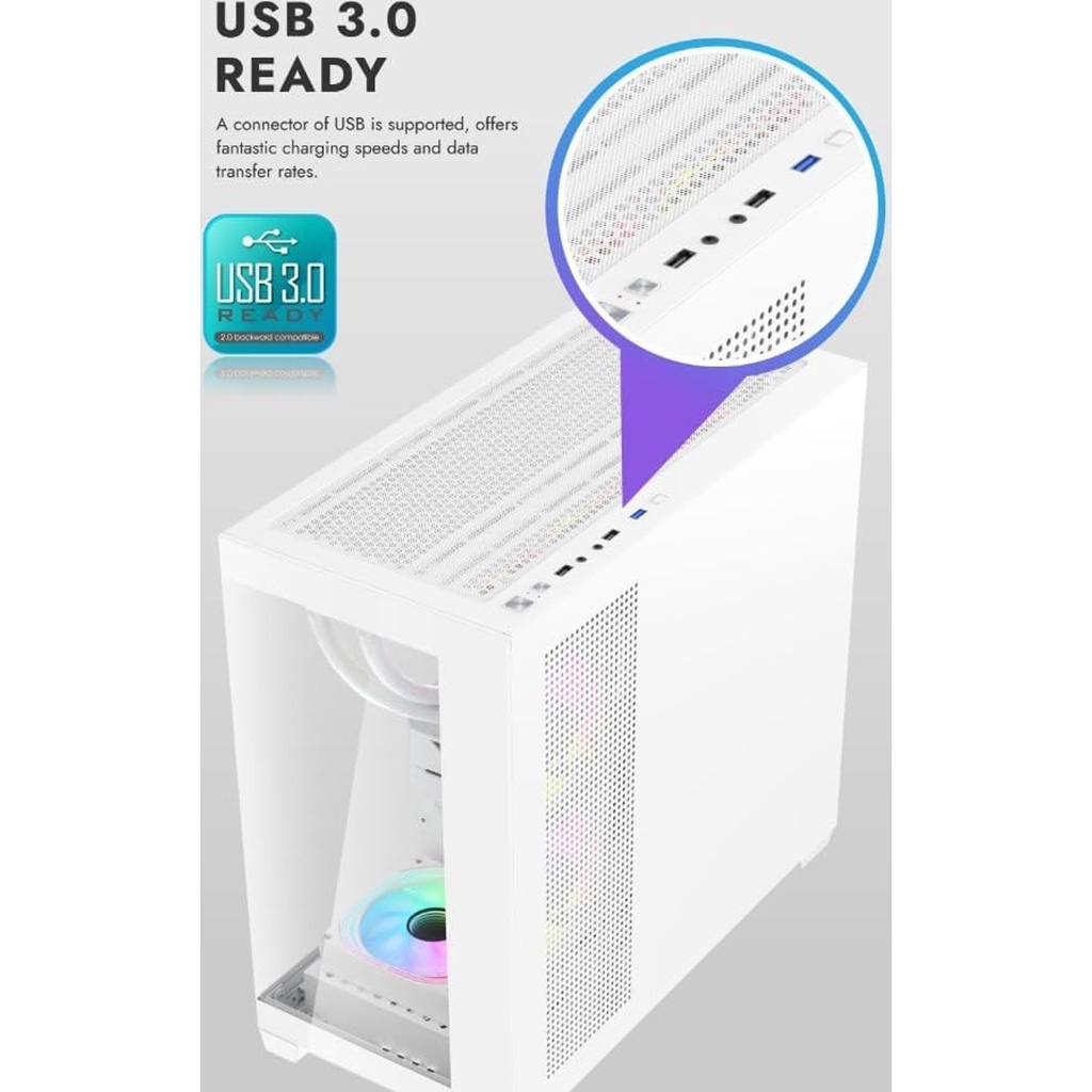 DarkFlash C218M M-ATX/ITX Gaming PC Case with Pre-Installed 650W 80+ Bronze PSU and 3 ARGB Fans, 270 Degree Panoramic Glass, Supports 360 mm Radiator, 425 mm GPU Clearance, USB3.0 PC Case (White)