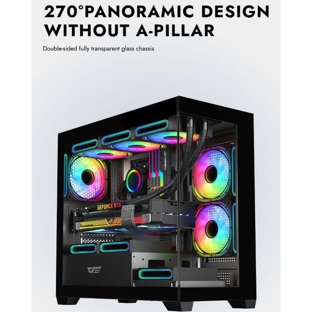 DarkFlash C218M M-ATX/ITX Gaming PC Case with Pre-Installed 650W 80+ Bronze PSU and 3 ARGB Fans, 270 Degree Panoramic Glass, Supports 360 mm Radiator, 425 mm GPU Clearance, USB3.0 PC Case (White)