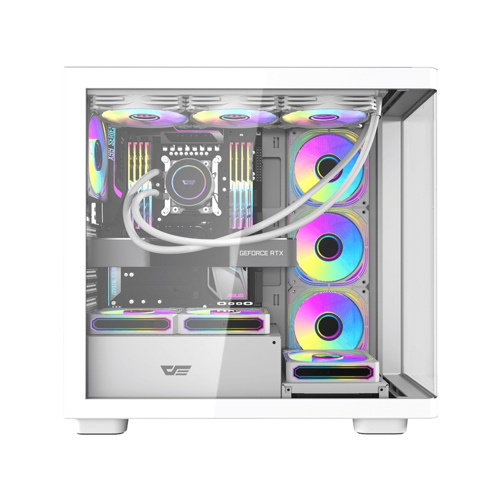 Aigo DarkFlash DS900W Gaming PC Case with 7 ARGB Fans Pre Installed, Tempered Glass Panels - White
