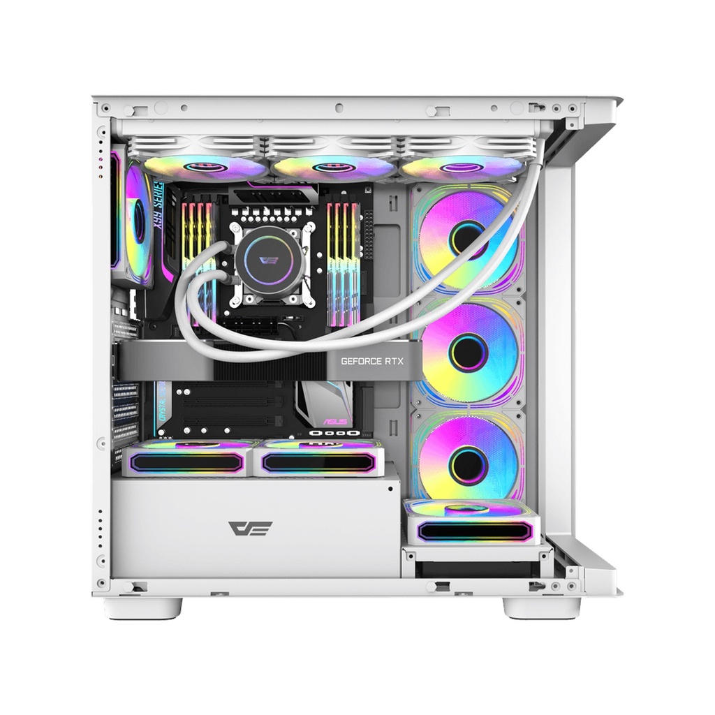 Aigo DarkFlash DS900W Gaming PC Case with 7 ARGB Fans Pre Installed, Tempered Glass Panels - White