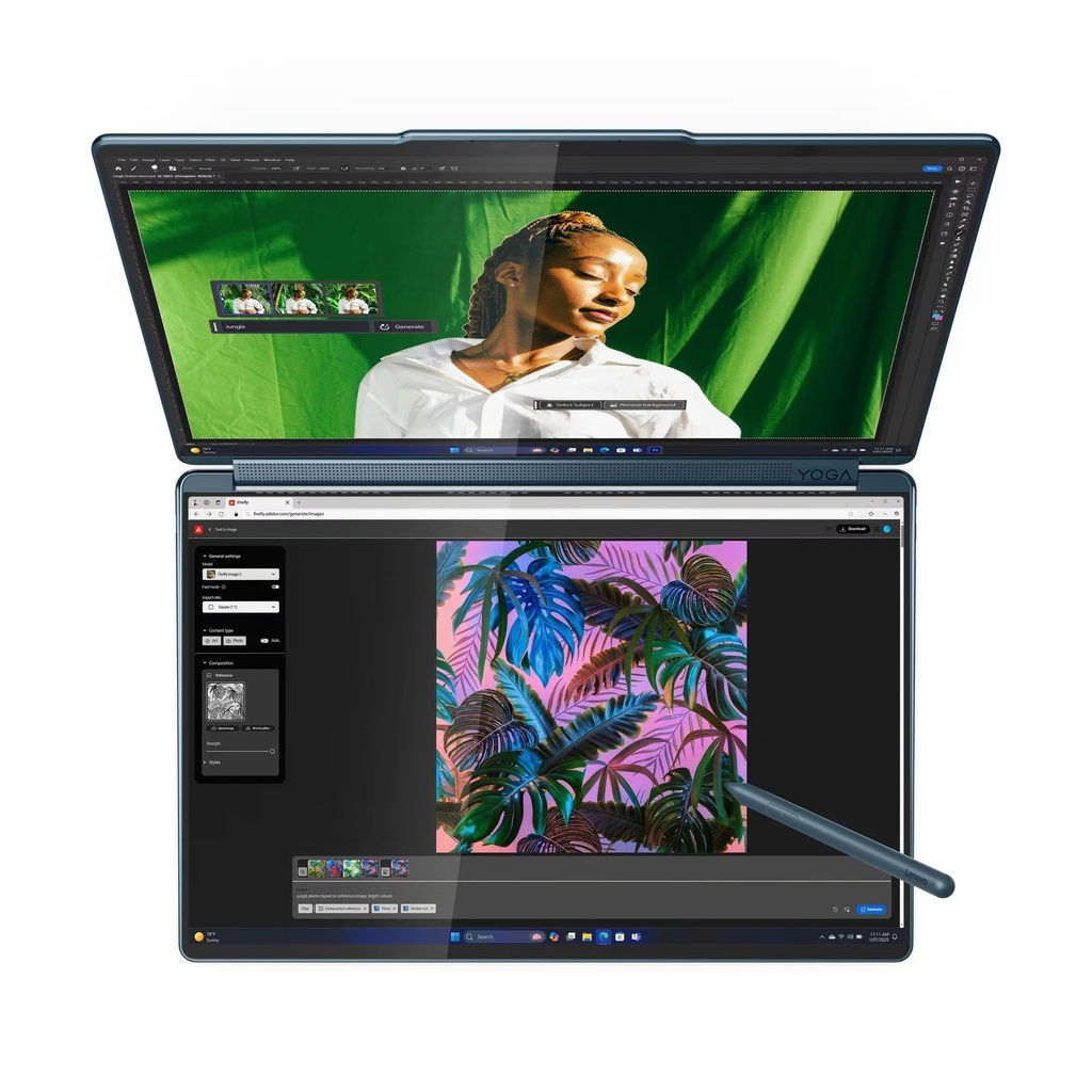 Lenovo Yoga Book 9 Multi-Touch Laptop Convertible, Ultra 7-255H Processor, 32GB RAM, 1TB SSD NVMe, Intel Arc 140T GPU, 14" 2.8K OLED TouchScreen, Backlit Arabic Keyboard, Lenovo Yoga Pen + Yoga Slim Mouse, Windows 11 Home - Tidal Teal | 83KJ000MAX