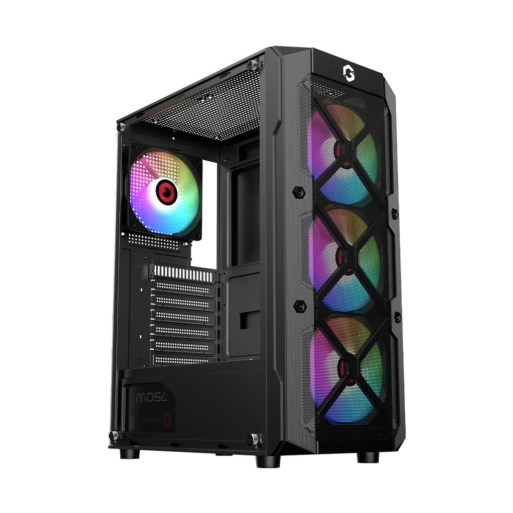 GameOn Trident III-M PowerForge Series Mid Tower Gaming Case With 750W Power Supply Pre-Installed (4 ARGB Fans Included) - Black