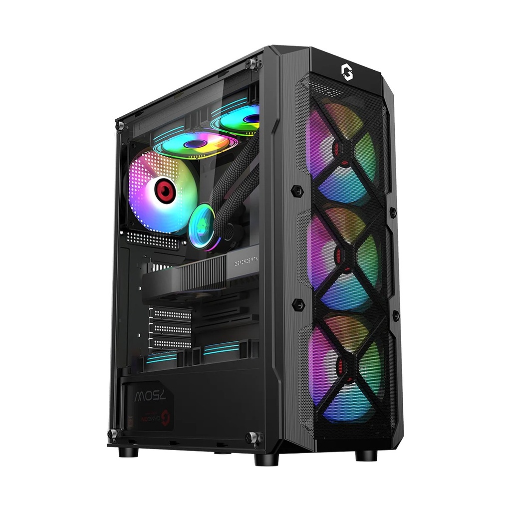GameOn Trident III-M PowerForge Series Mid Tower Gaming Case With 750W Power Supply Pre-Installed (4 ARGB Fans Included) - Black