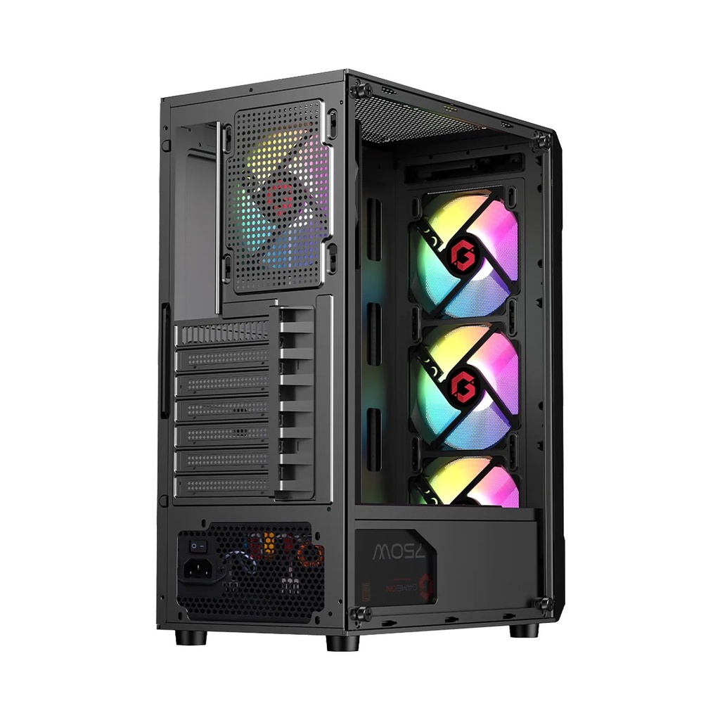 GameOn Trident III-M PowerForge Series Mid Tower Gaming Case With 750W Power Supply Pre-Installed (4 ARGB Fans Included) - Black