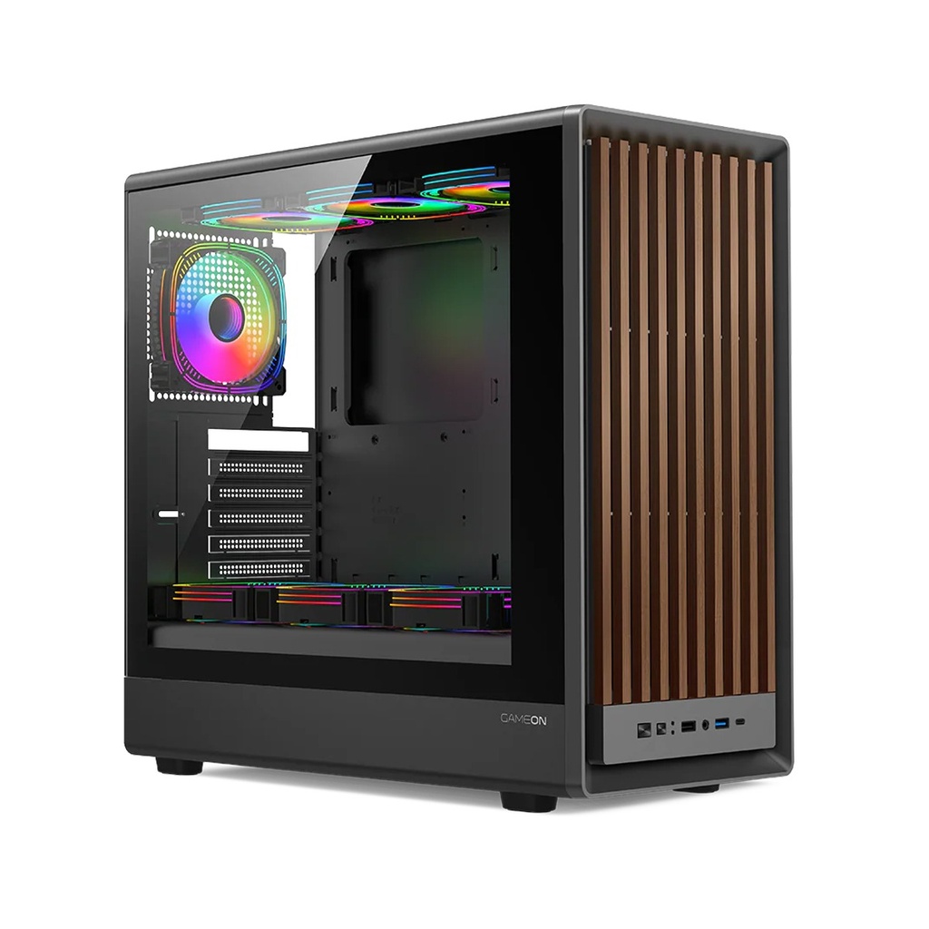 GameOn Timberi Midnight Series ARGB + PWM Mid Tower Gaming Case With (7 Fans Included) - Wood/Black