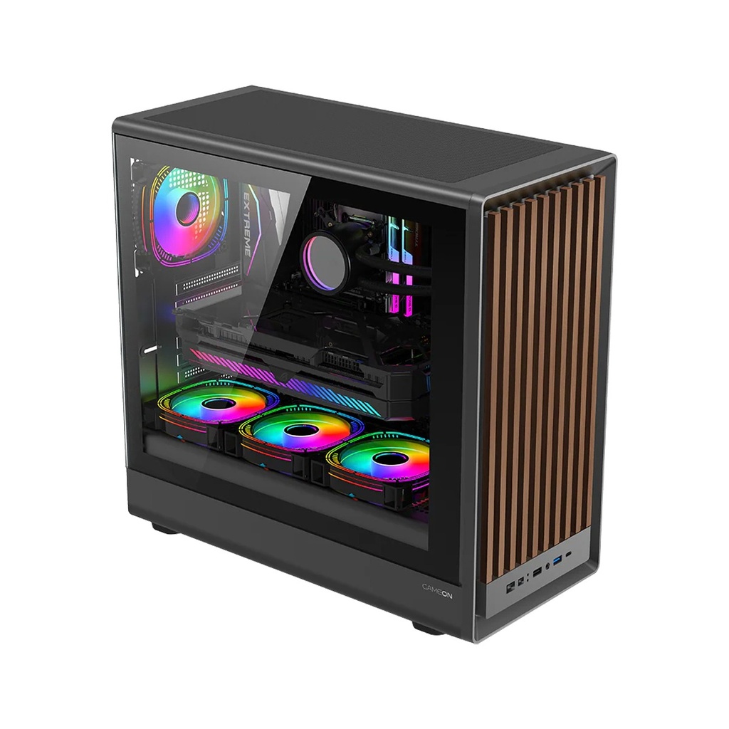 GameOn Timberi Midnight Series ARGB + PWM Mid Tower Gaming Case With (7 Fans Included) - Wood/Black