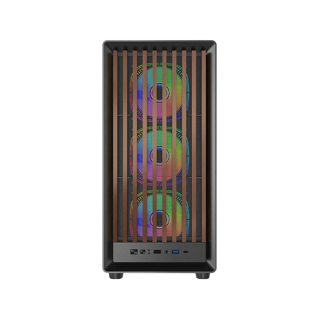 GameOn Timberi Midnight Series ARGB + PWM Mid Tower Gaming Case With (7 Fans Included) - Wood/Black