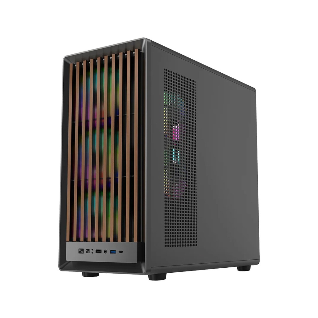 GameOn Timberi Midnight Series ARGB + PWM Mid Tower Gaming Case With (7 Fans Included) - Wood/Black