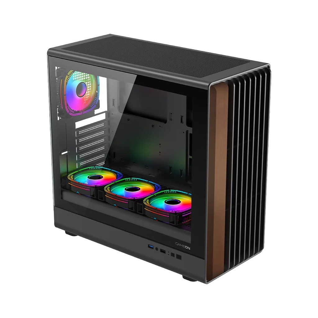 GameOn Timber Midnight Series ARGB + PWM Mid Tower Gaming Case With (7 Fans Included) - Wood/Black