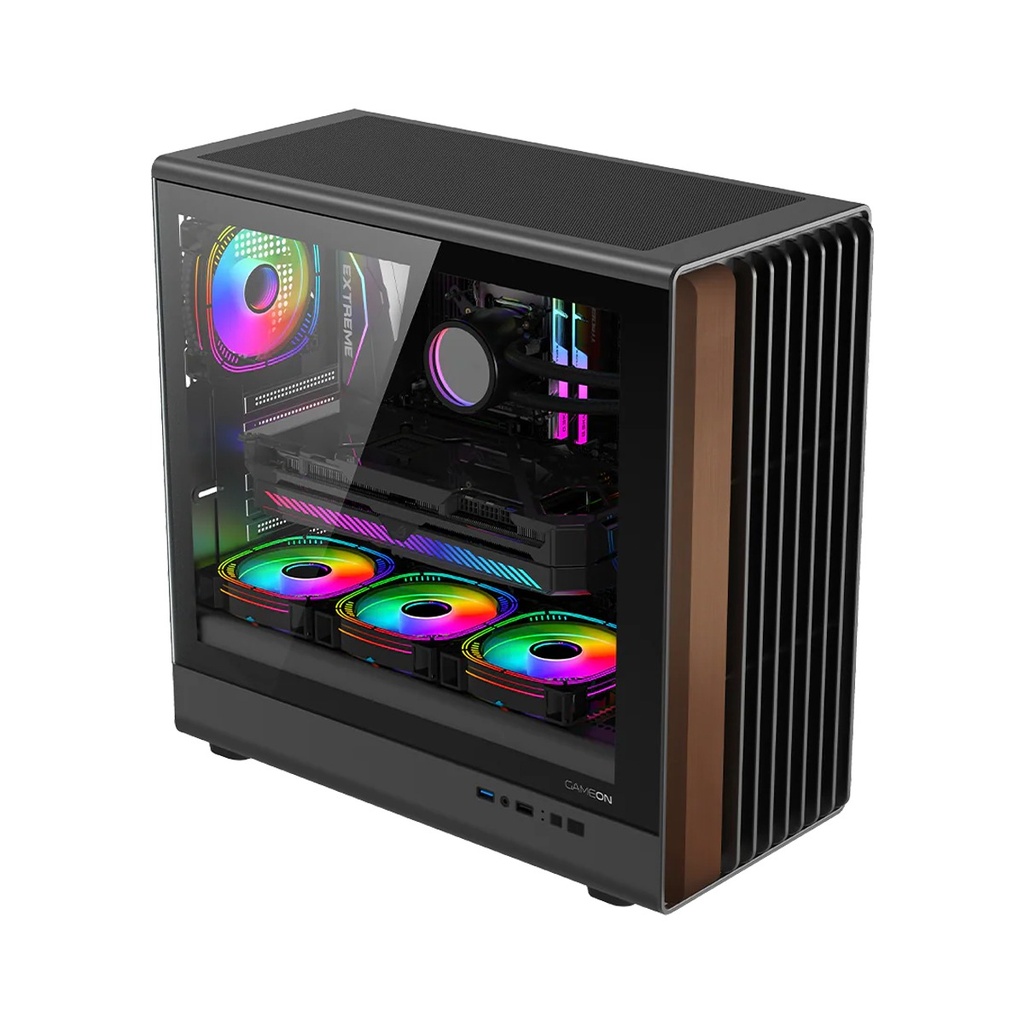 GameOn Timber Midnight Series ARGB + PWM Mid Tower Gaming Case With (7 Fans Included) - Wood/Black