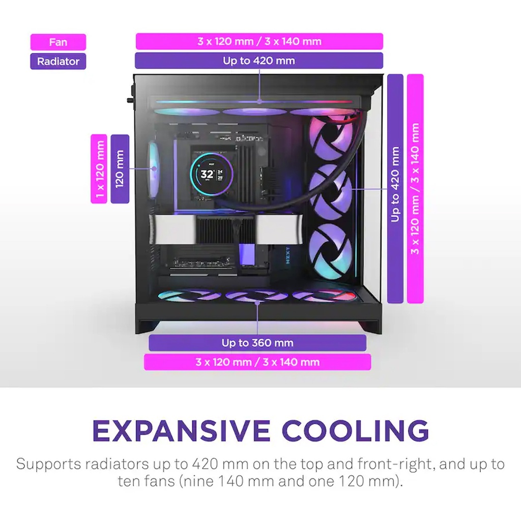 NZXT H9 Flow RGB+ Large Dual-Chamber ATX Mid-Tower Airflow Two Panel Front & Left Side Tempered Glass Case with 7 RGB Fans-Black