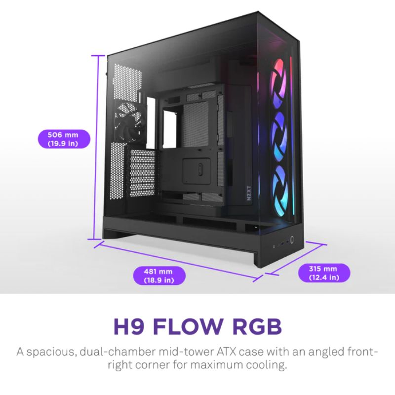 NZXT H9 Flow RGB (2025) Dual-Chamber Mid Tower Case With RGB Fans - Black