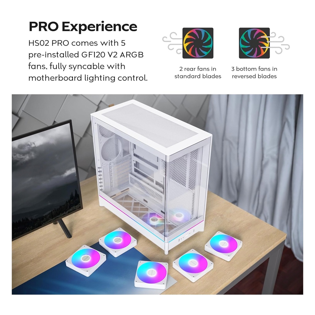 Montech HS02 Pro Mid Tower Two Panel Front & Left Side Tempered Glass Case with 5 ARGB Fans - White