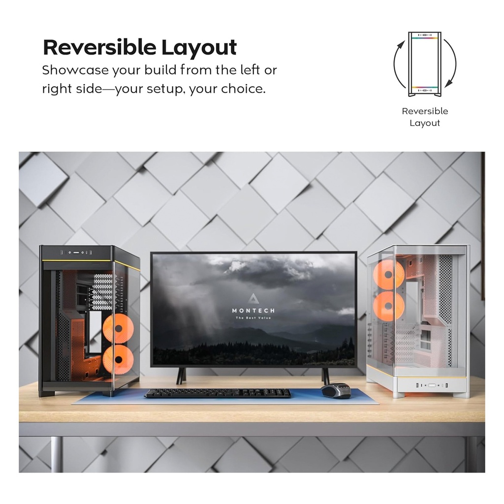 Montech HS02 Pro Mid Tower Two Panel Front & Left Side Tempered Glass Case with 5 ARGB Fans - White