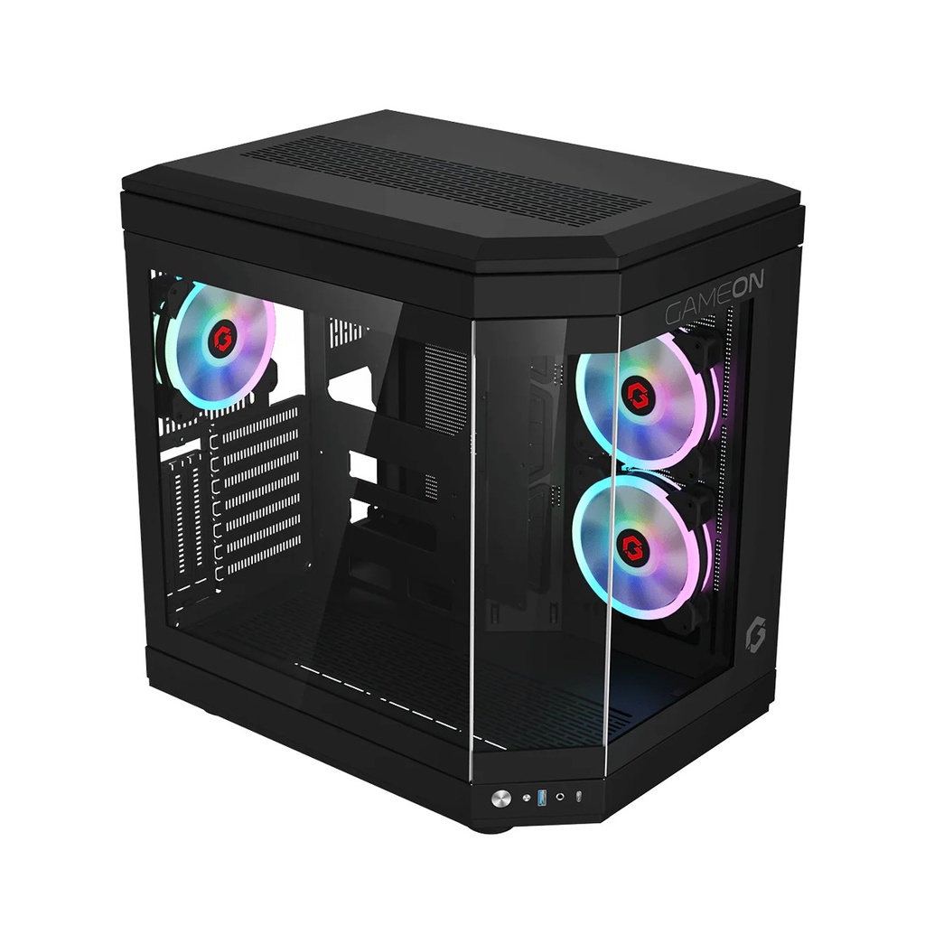 GameOn Valkyrie Series Mid Tower Two Panel Front & Left Side Tempered Glass Case With 3 RGB Fans - Black