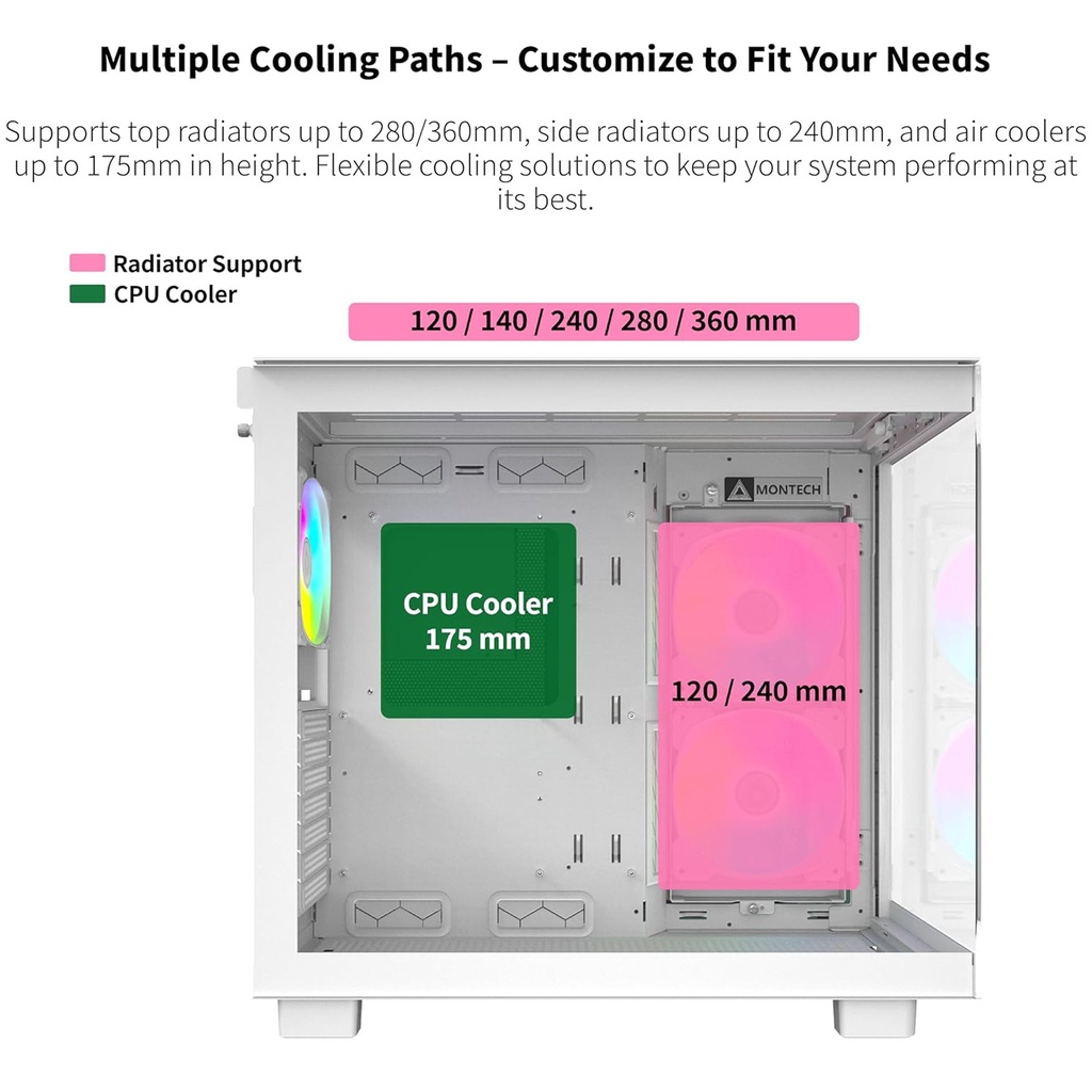 Montech King 65 Pro Mid Tower Two Panel Front & Left Side Tempered Glass Case with 3 RGB Fans - White