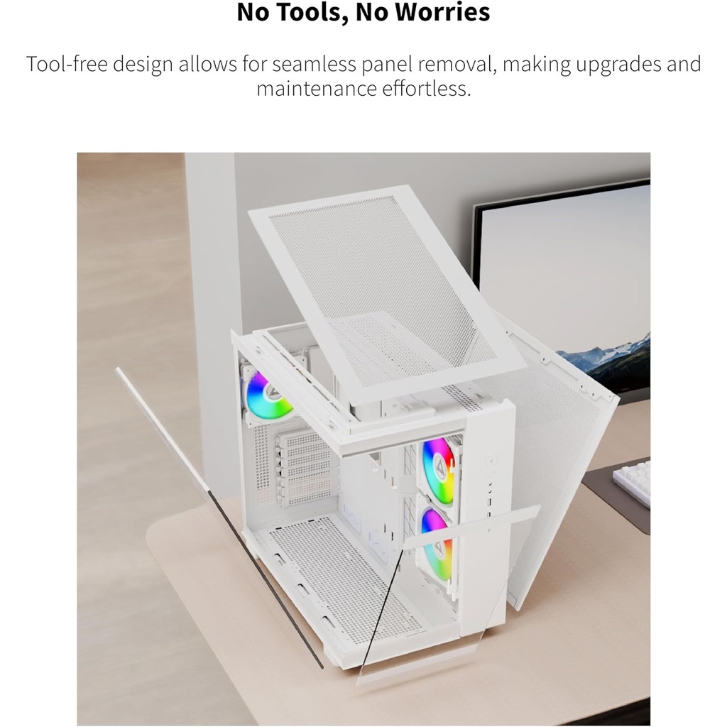 Montech King 65 Pro Mid Tower Two Panel Front & Left Side Tempered Glass Case with 3 RGB Fans - White