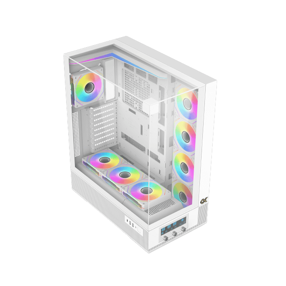 Xigmatek Vision Pro Artic Midtower LCD Display Three Panel Front,Top & Left Side Tempered Glass Case with 8 ARGB Fans - White