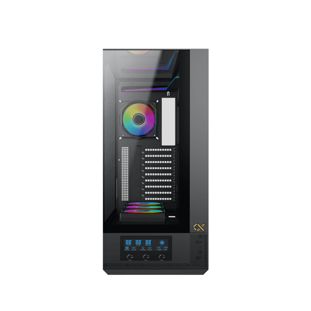 Xigmatek Vision Pro Midtower LCD Display Three Panel Front,Top & Left Side Tempered Glass Case with 8 ARGB Fans - Black