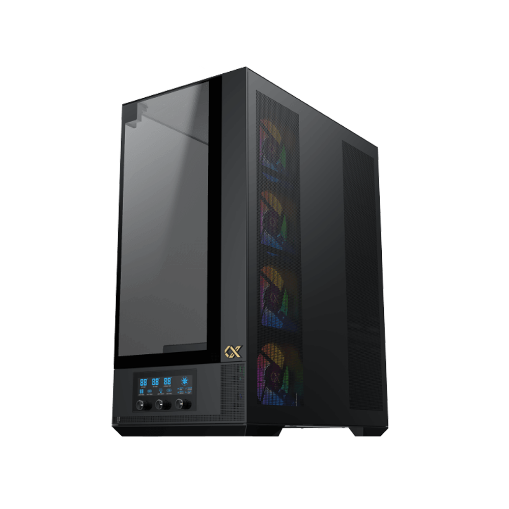 Xigmatek Vision Pro Midtower LCD Display Three Panel Front,Top & Left Side Tempered Glass Case with 8 ARGB Fans - Black